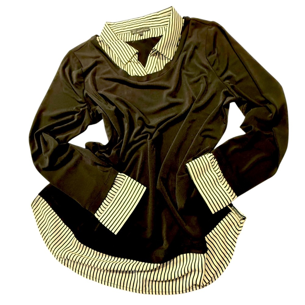 Adrianna Papell Striped Collar Black Women's Top
